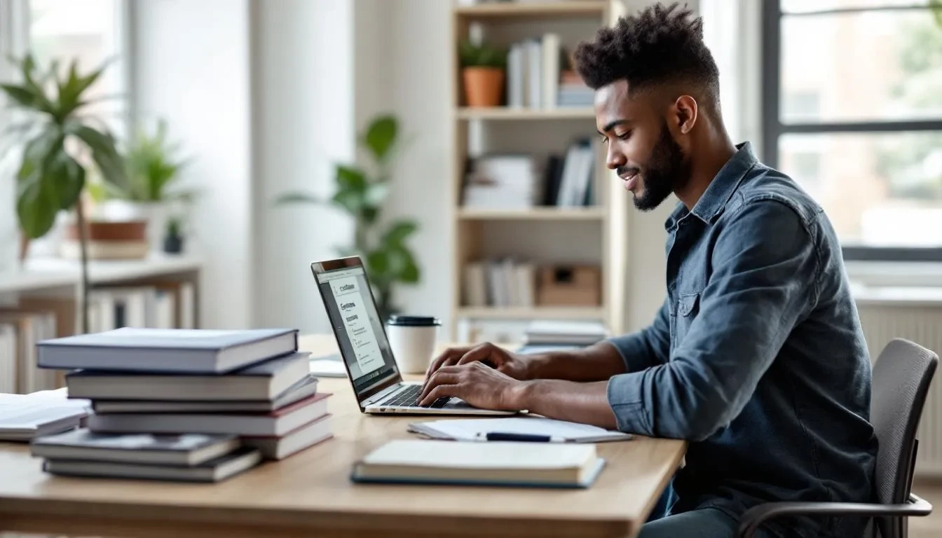 A person is focused on their laptop, surrounded by certification materials and books, symbolizing their journey towards a successful career change. This scene reflects the dedication of midlife career changers who are acquiring new skills and knowledge to transition into a fulfilling career.